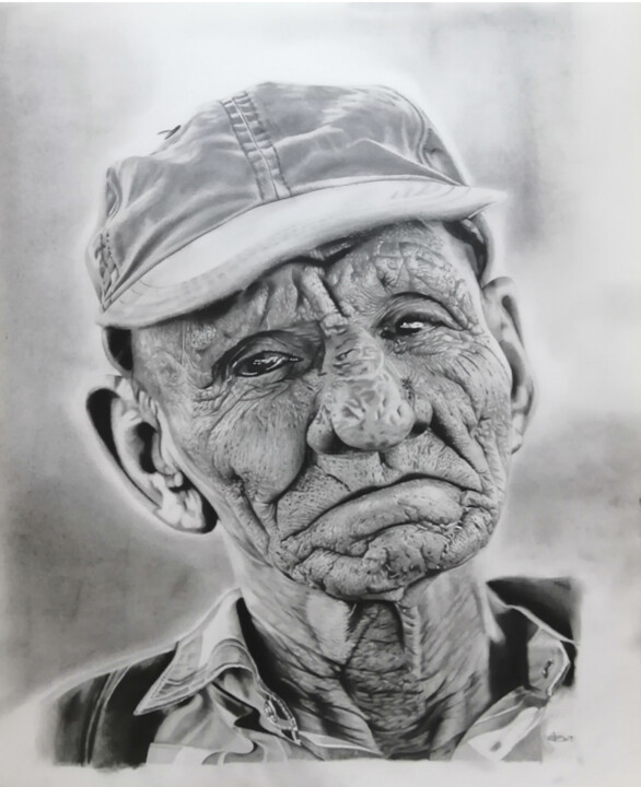 Drawing titled "Homme à casquette" by Christian Bouard, Original Artwork, Graphite
