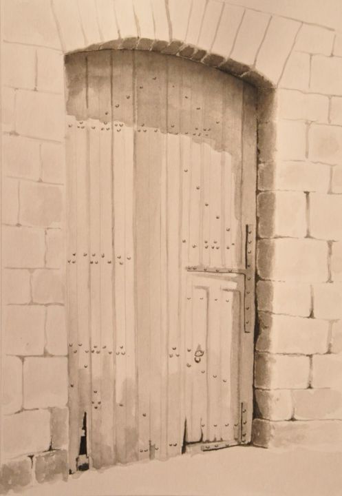 Disegno intitolato "porte cloutée" da Christian Bourdin, Opera d'arte originale, Inchiostro Montato su Cartone