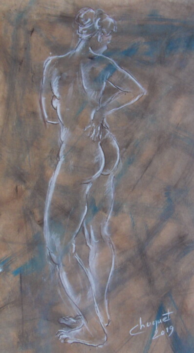 Zeichnungen mit dem Titel "Femme de dos nue" von Christian Choquet, Original-Kunstwerk, Conté-Buntstifte