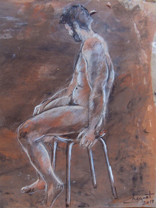 Drawing titled "Homme assis sur tab…" by Christian Choquet, Original Artwork, Acrylic