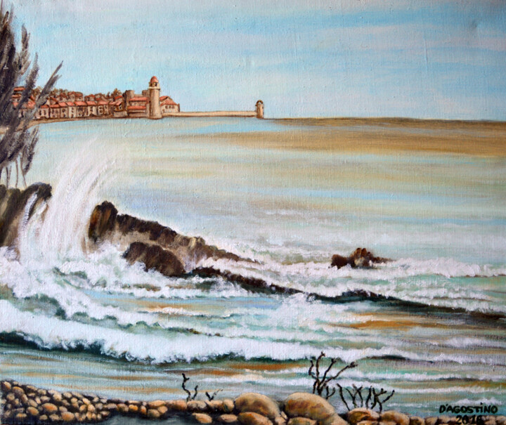 Painting titled "Ressac à Collioure" by Christian D'Agostino, Original Artwork, Oil