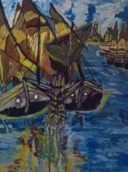 Peinture intitulée "bateau de peche au…" par Christian Deligny, Œuvre d'art originale, Acrylique