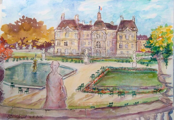 Painting titled "Jardin du Luxembourg" by Christian Eprinchard, Original Artwork, Watercolor