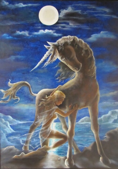 Peinture intitulée "licorne en pleurs" par Christian Eprinchard, Œuvre d'art originale, Huile