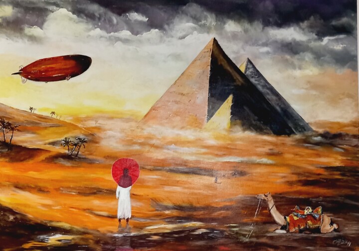 Schilderij getiteld "DIRIGEABLE EN EGYPTE" door Christian Garnier, Origineel Kunstwerk, Acryl Gemonteerd op Frame voor houte…