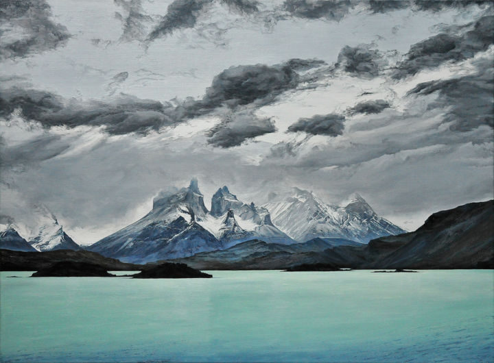 Schilderij getiteld "Cuernos del Paine (…" door Christian Girault, Origineel Kunstwerk, Olie Gemonteerd op Frame voor houten…