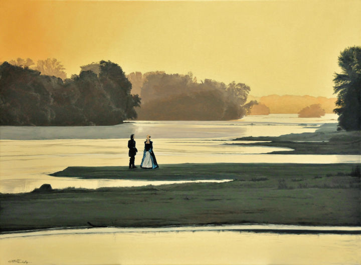 Painting titled "Loire" by Christian Girault, Original Artwork, Oil Mounted on Wood Stretcher frame
