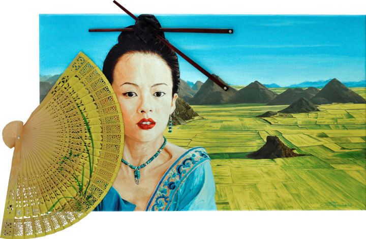 Painting titled "Fan of Ziyi" by Christian Girault, Original Artwork, Oil Mounted on Wood Stretcher frame