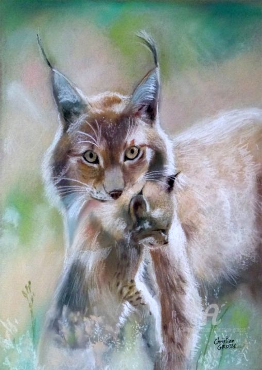 Drawing titled "Lynx et son petit" by Christian Grosse, Original Artwork, Pastel