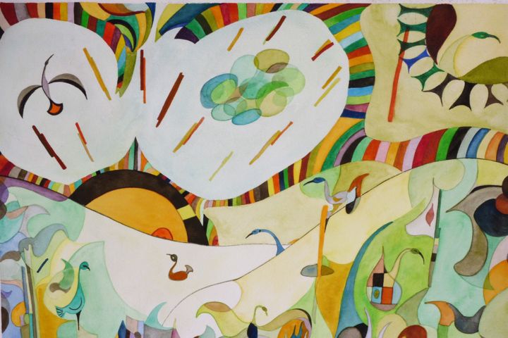 Pintura titulada "Le bal des oiseaux" por Christian Hunziker, Obra de arte original, Acuarela