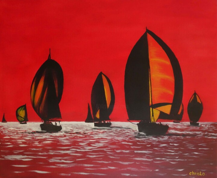 Peinture intitulée "Régate rouge" par Christian Lopez, Œuvre d'art originale, Huile