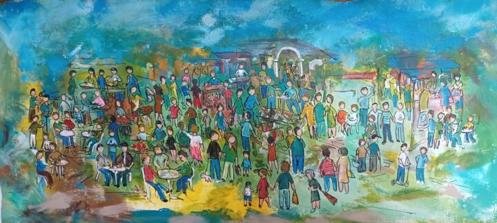 Schilderij getiteld "marche de village…" door Christian Panis, Origineel Kunstwerk, Acryl