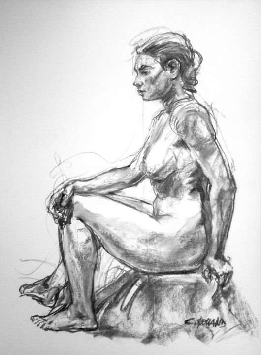 Drawing titled "fusain 98 1" by Christian Rolland, Original Artwork, Charcoal