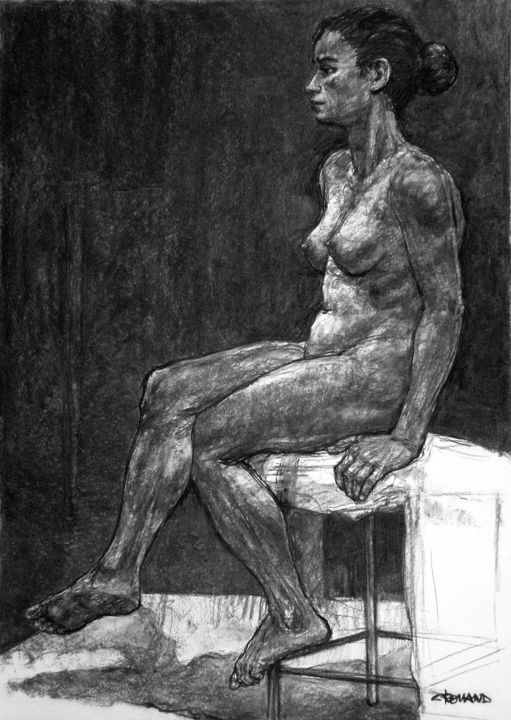 Drawing titled "académie 2019 16" by Christian Rolland, Original Artwork, Charcoal