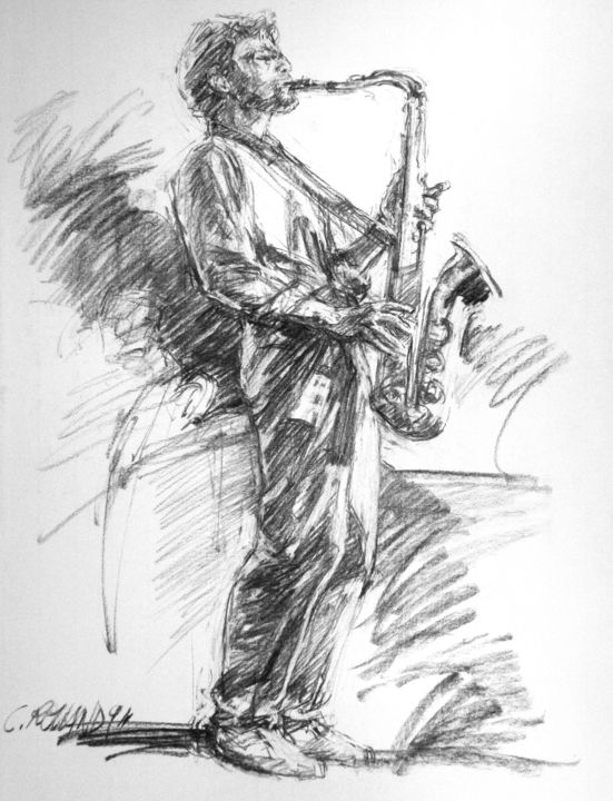 Drawing titled "fusain jazz 7" by Christian Rolland, Original Artwork, Charcoal