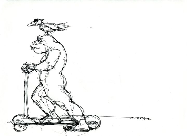 Zeichnungen mit dem Titel "trottinette 2020 3" von Christian Rolland, Original-Kunstwerk, Tinte