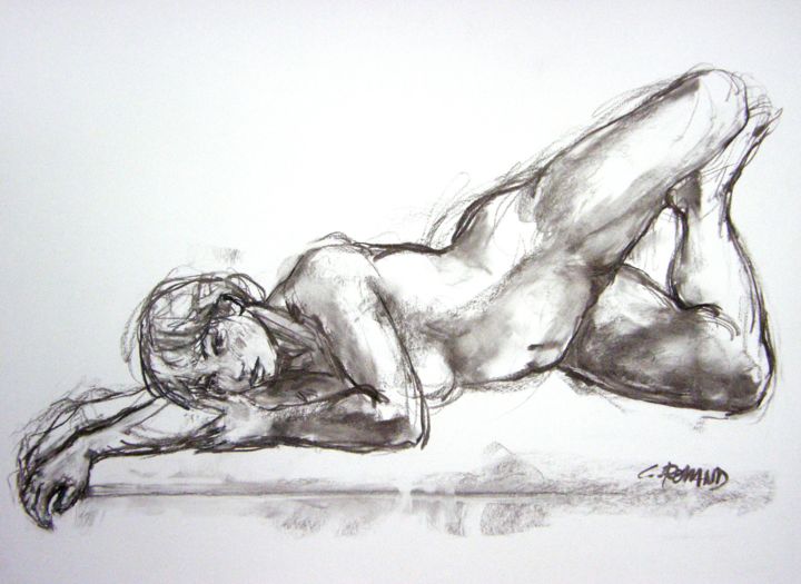Drawing titled "fusain 55/75 1998 45" by Christian Rolland, Original Artwork, Charcoal