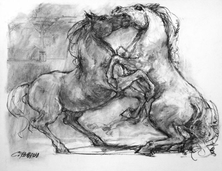 Desenho intitulada "équidés fusain 1994…" por Christian Rolland, Obras de arte originais, Carvão