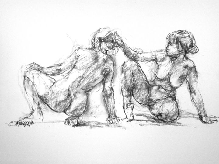 Drawing titled "fusain 50/65 1992 16" by Christian Rolland, Original Artwork, Charcoal