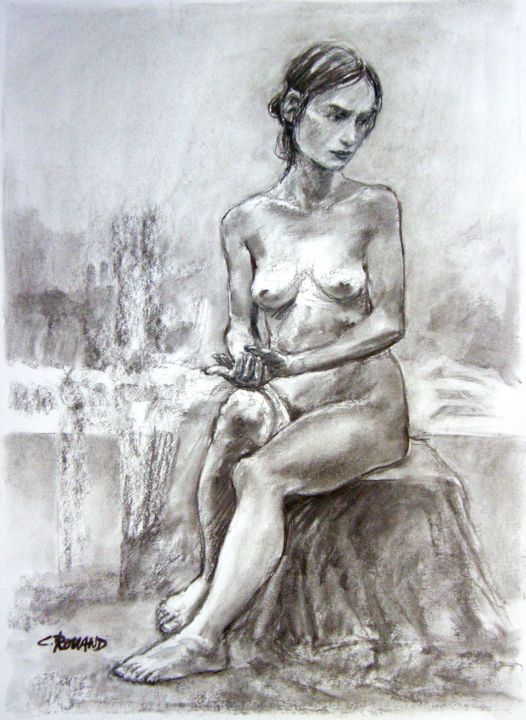 Drawing titled "fusain 55/75 2002 12" by Christian Rolland, Original Artwork, Charcoal