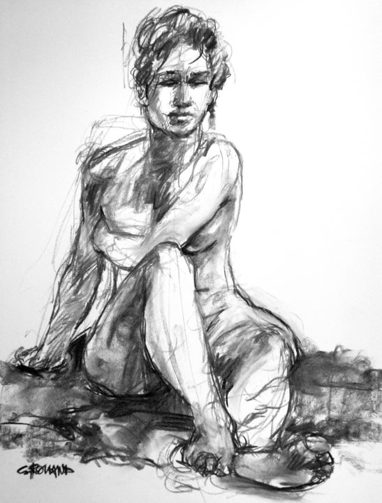 Drawing titled "fusain 50/65 2005 19" by Christian Rolland, Original Artwork, Charcoal