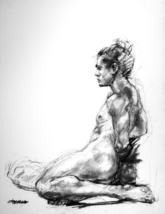 Drawing titled "fusain 50/65 2005 72" by Christian Rolland, Original Artwork, Charcoal