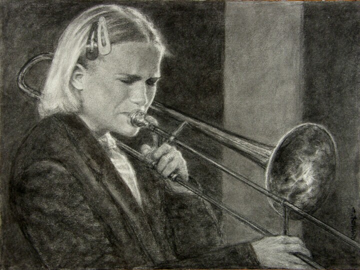 Drawing titled "fusain jazz 29" by Christian Rolland, Original Artwork, Charcoal