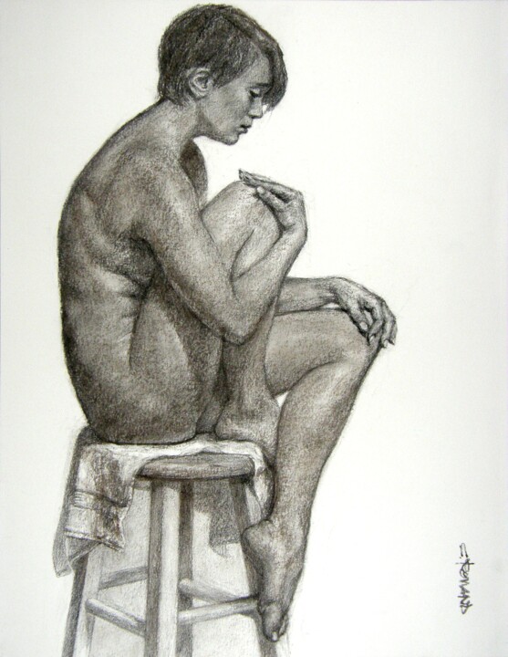 Рисунок под названием "étude fusain 2021 4" - Christian Rolland, Подлинное произведение искусства, Древесный уголь