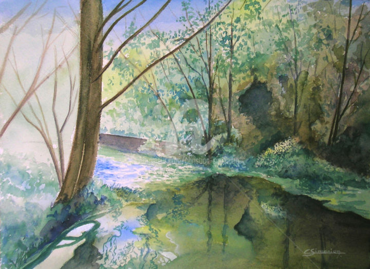 Pintura intitulada "La Coudre, rivière…" por Christian Simonian, Obras de arte originais, Aquarela