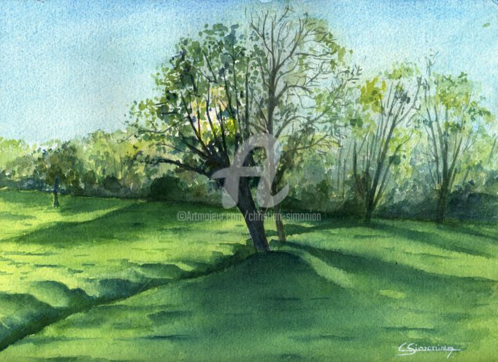 Painting titled "L'arbre dans le fos…" by Christian Simonian, Original Artwork, Watercolor