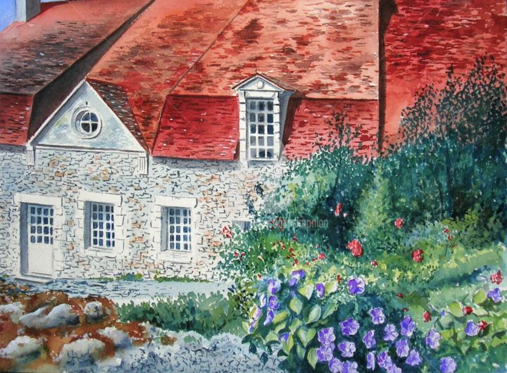 Pintura intitulada "Maison percheronne" por Christian Simonian, Obras de arte originais, Aquarela