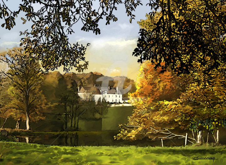 「Chateau en automne」というタイトルの絵画 Christian Simonianによって, オリジナルのアートワーク, グワッシュ水彩画