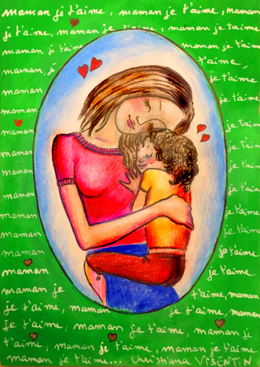 Rysunek zatytułowany „Maman je t'aime4” autorstwa Christiana Visentin Gajoni, Oryginalna praca, Ołówek