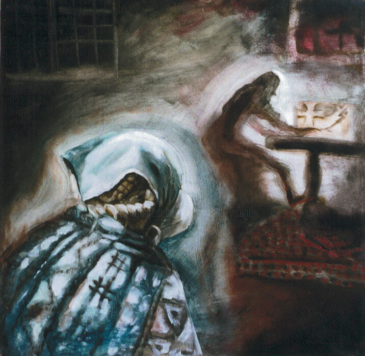 Malerei mit dem Titel "Le tricot" von Christiana Visentin Gajoni, Original-Kunstwerk, Öl