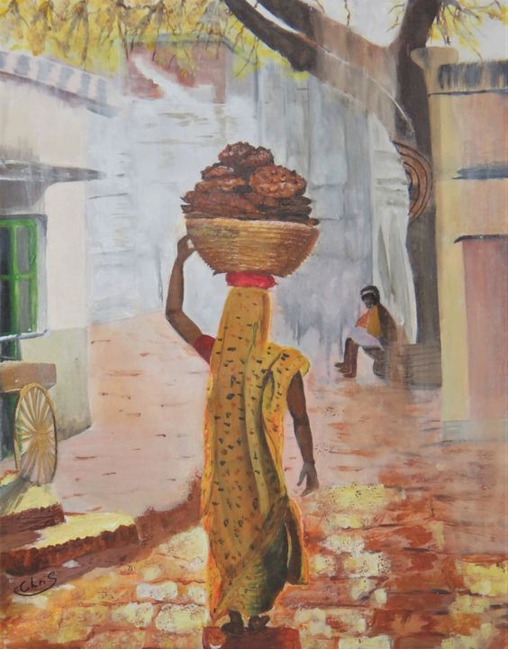 Peinture intitulée "Indienne robe jaune" par Christiane Cucinelli (Chris), Œuvre d'art originale, Acrylique