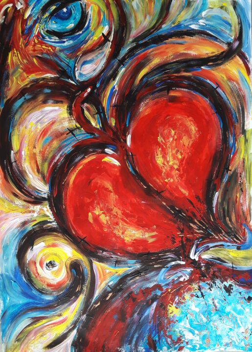 Painting titled "Grand Coeur Malade" by Christiane Guerry, Original Artwork, Acrylic