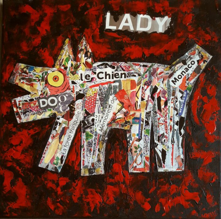 "LE CHIEN LADY" başlıklı Kolaj Christiane Guerry tarafından, Orijinal sanat, Kolaj Ahşap Sedye çerçevesi üzerine monte edilm…