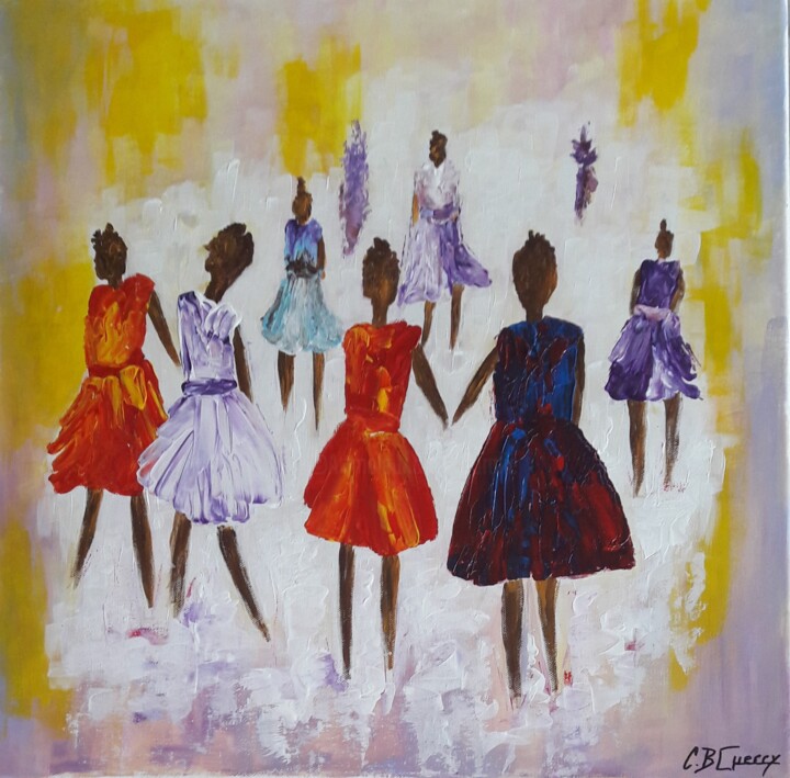 Painting titled "DANCING GIRLS" by Christiane Guerry, Original Artwork, Acrylic Mounted on Wood Stretcher frame