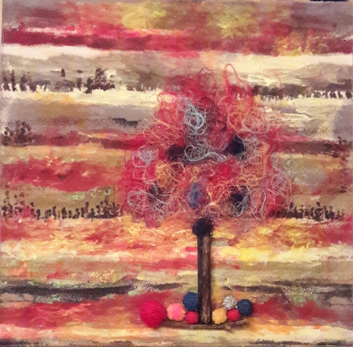 Textile Art titled "L'Arbre aux couleurs" by Christiane Guerry, Original Artwork, Textile fiber Mounted on Other rigid panel