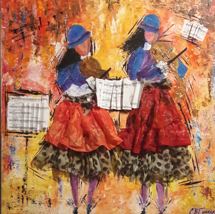 Collagen mit dem Titel "LES BELLES VIOLONIS…" von Christiane Guerry, Original-Kunstwerk, Acryl Auf Keilrahmen aus Holz monti…