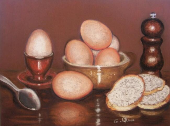 Painting titled "Les oeufs" by Christiane Guilleminot, Original Artwork, Pastel