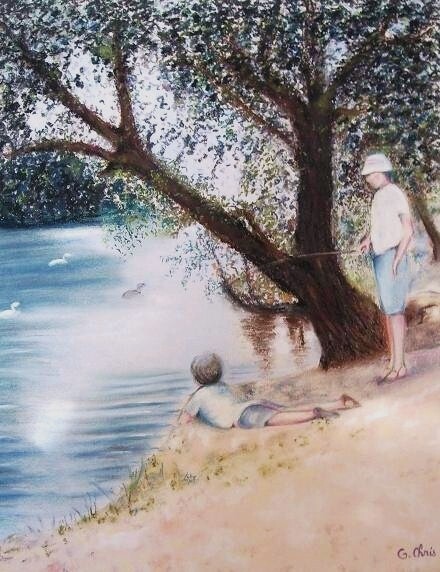 Peinture intitulée "Jeunes pêcheurs" par Christiane Guilleminot, Œuvre d'art originale, Pastel