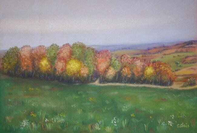 Painting titled "Bosquet en automne" by Christiane Guilleminot, Original Artwork, Pastel