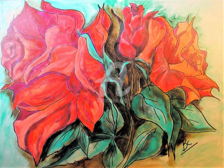 Pittura intitolato "Painting "Open rose…" da Christiane Marette (Christiane Marette - B.C Créations), Opera d'arte originale…