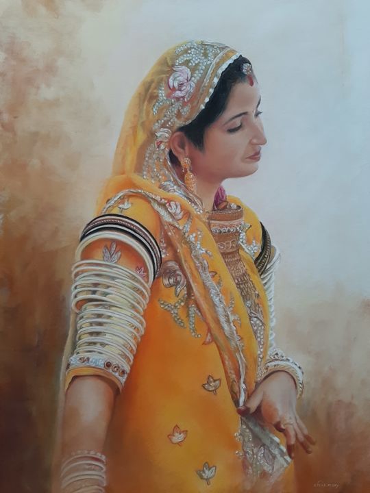 Painting titled "Le sari jaune" by Christiane Mory, Original Artwork, Pastel Mounted on Cardboard