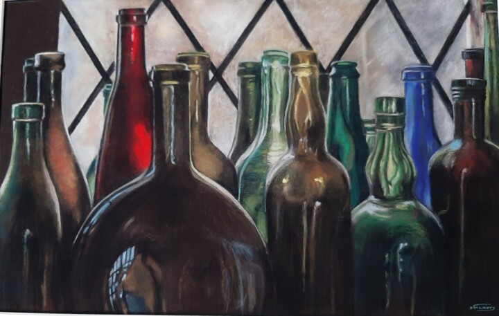 Pittura intitolato "Les bouteilles" da Christiane Mory, Opera d'arte originale, Pastello