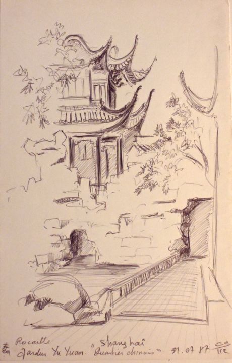 Zeichnungen mit dem Titel "jardin Yu Yuan" von Christiane Seguin, Original-Kunstwerk, Kugelschreiber