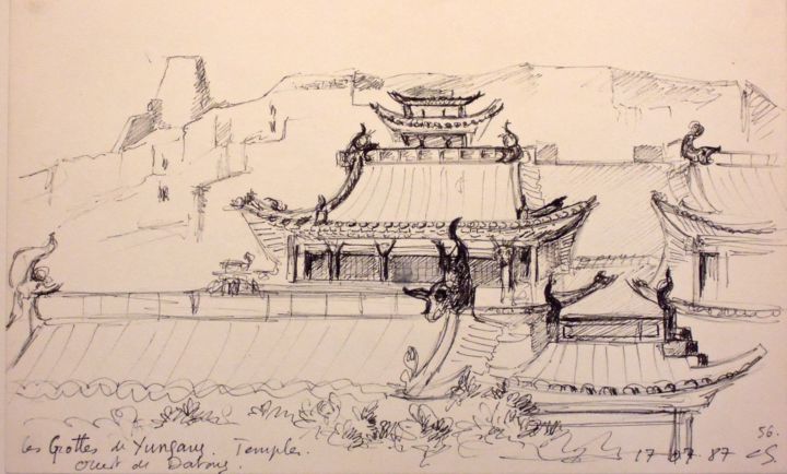 Disegno intitolato "Grottes Yugang 56" da Christiane Seguin, Opera d'arte originale, Biro