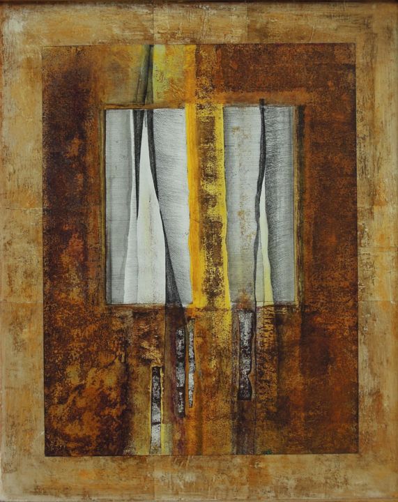 Collages titled "Déchirure cuivrée" by Christiane Seguin, Original Artwork, Collages Mounted on Wood Panel