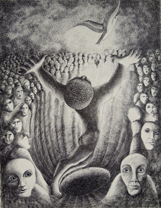 Рисунок под названием "L'Oiseau" - Christiane Seguin, Подлинное произведение искусства, Чернила
